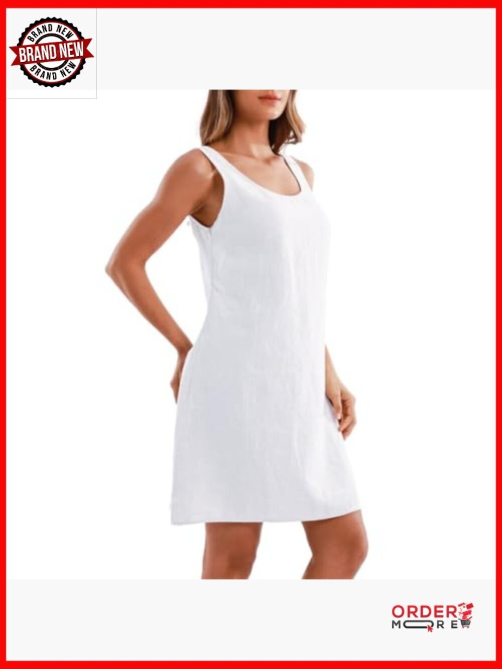 Linen Sleeveless Shift Tank Dress Summer Casual Mini Midi - Picture 2 of 6